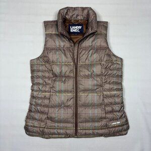 Lands End Brown Plaid 600 Fill Power Down Full-Zip Puffer Vest 518679 Womens SM